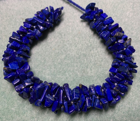 Aug 7 - Kumihimo necklace made with lapis chips. VERY heavy.